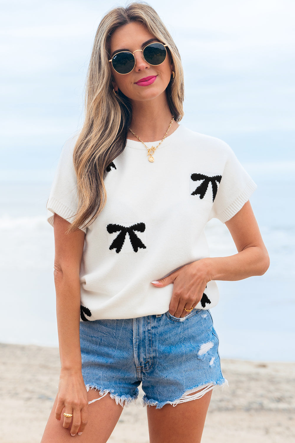 Kya Bow Pattern Knit Short Sleeve Sweater