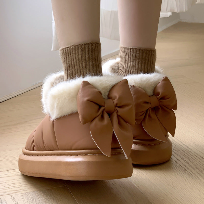 Winter Women Cute Warm Ankle Boots Outdoor Non-slip Thick Sole Snow Boots Furry Bow Cotton Shoes Men Pu Waterproof Plush Boots