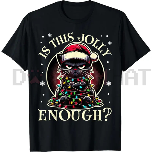 "Is This Jolly Enough" Funny Black Cat Christmas Tree Lights T-Shirt