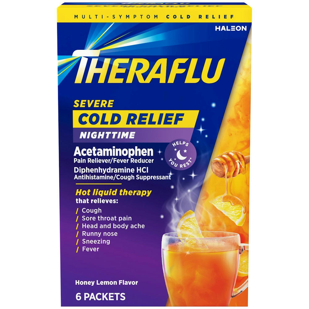 Theraflu Hot Liquid Therapy Severe Cold Relief  Nighttime Packets Honey Lemon 6Ct
