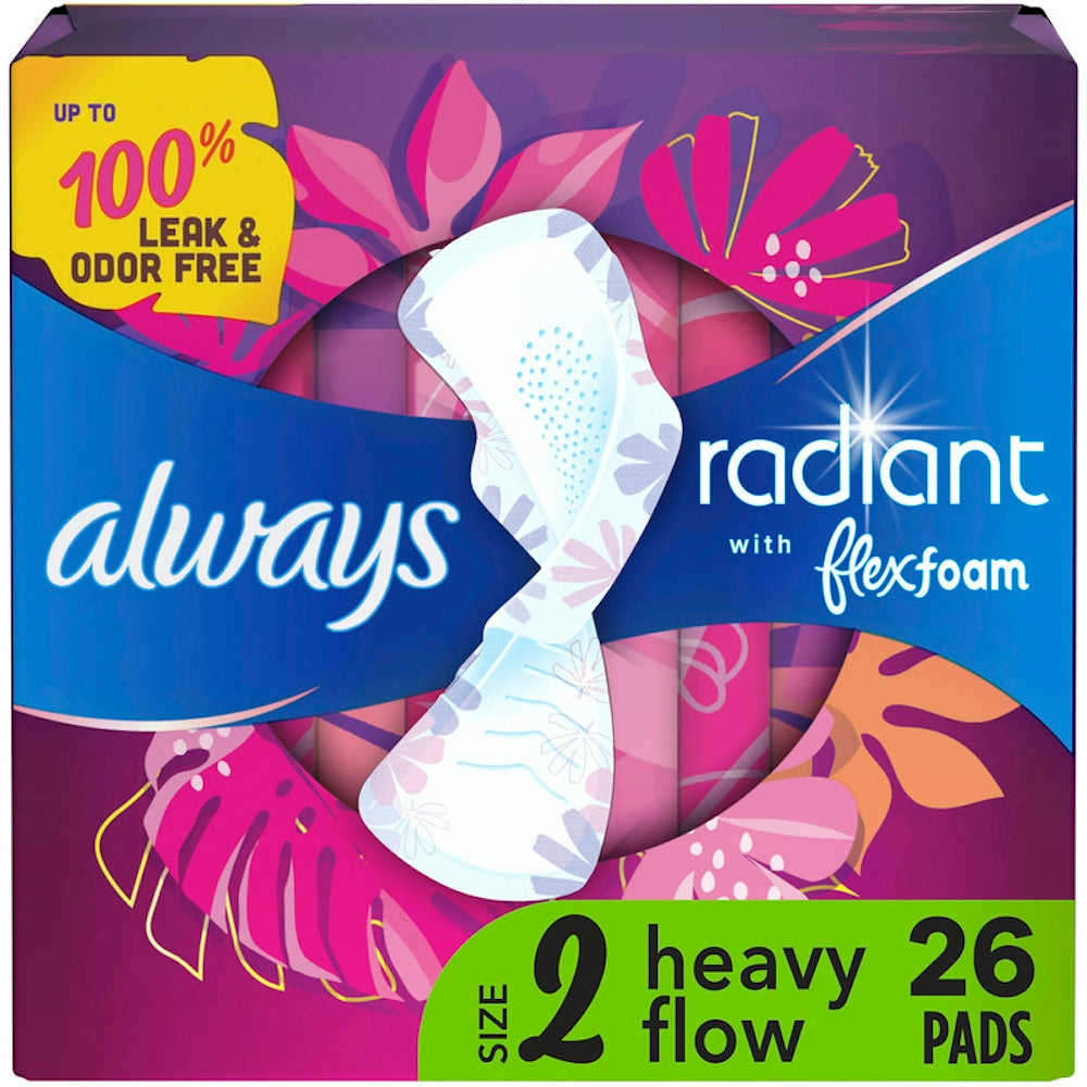 Always Radiant Pads, Size 2, Heavy Flow Absorbency, Light Clean Scent, 26 Count