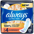 Always Ultra Thin Pads with Wings, Size 4 Overnight, Unscented, 50 Count