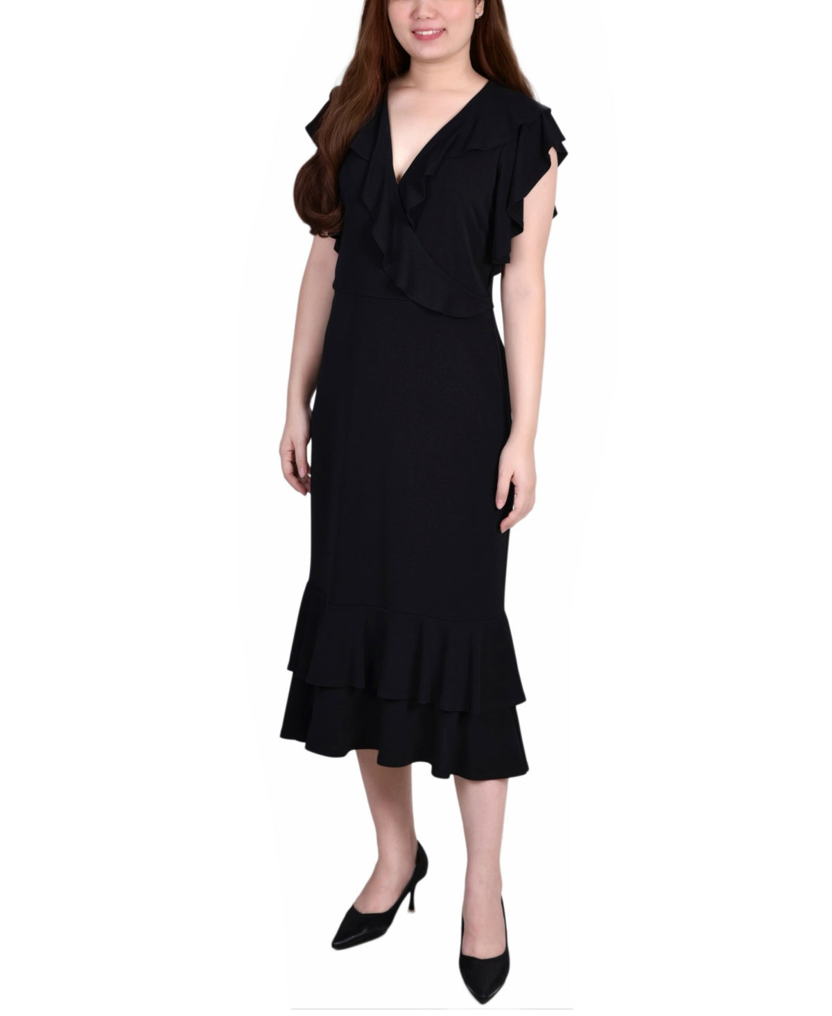 NY Collection Womens Short Flutter Sleeve Ruffle Neck Dress, Size Medium