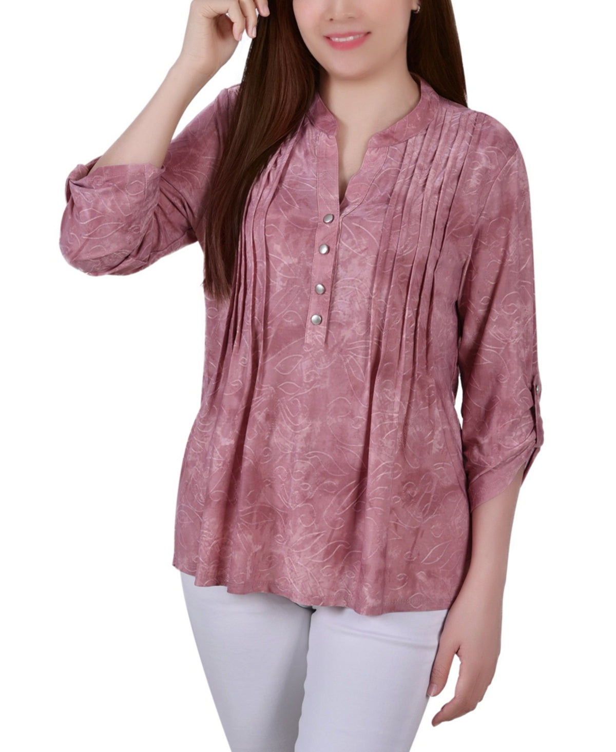 NY Collection Womens 3/4 Roll Tab Sleeve Y-neck Top