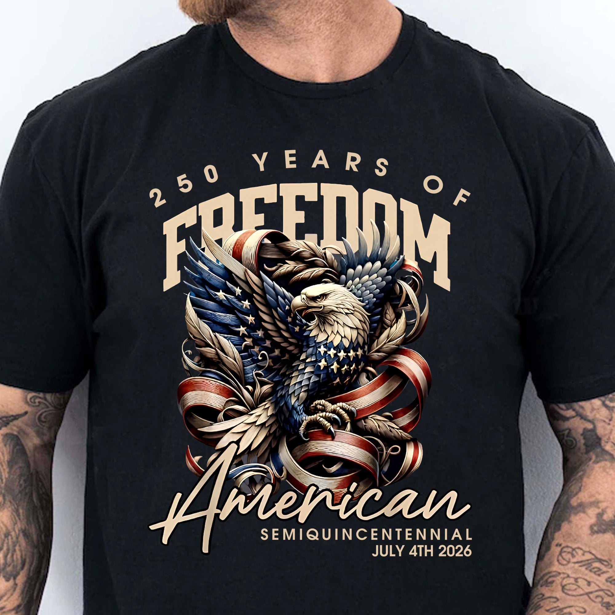250 Years Of Freedom t-shirt with bald eagle and American flag celebrating USA 250th anniversary