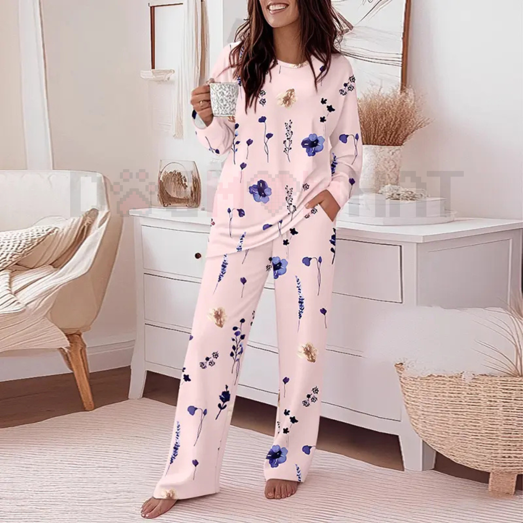 ChicMe Women's Floral Print Round Neck Long Sleeve Top and Casual Floral Pants Sets With Pockets