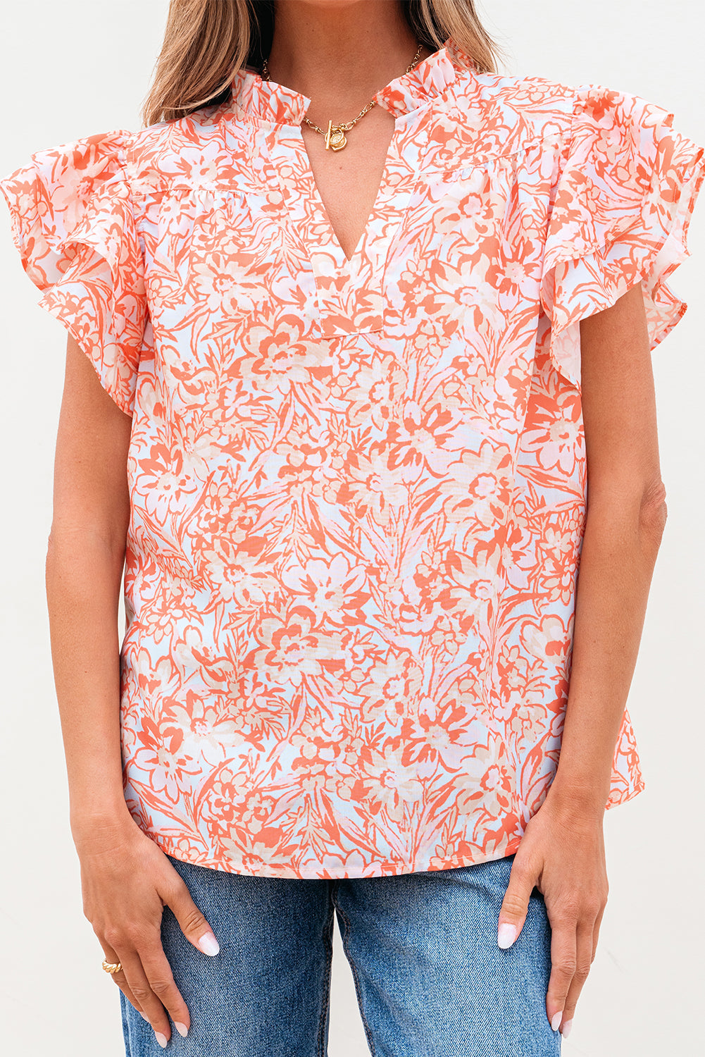 Nancy Floral Ruffle Sleeve Split Neck Blouse