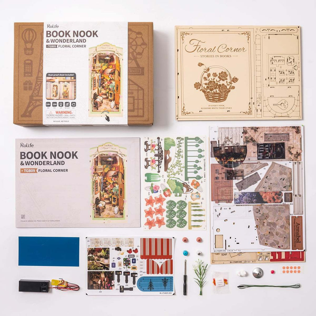 Rolife Floral Corner DIY Book Nook Shelf Insert Kit 3D Wooden Dollhouse For Gift