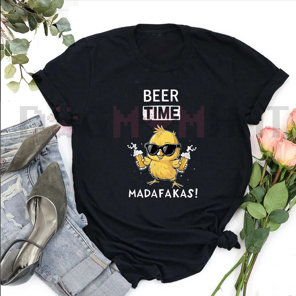 Rustic Farm Humor T-Shirt – "Beer Time" Chicken Graphic Tee