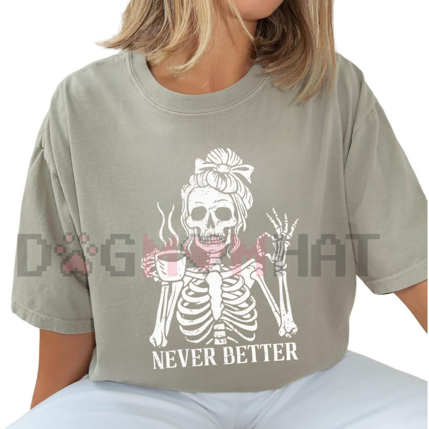 'Never Better' Skeleton Shirt – Halloween Humor Coffee Lover T-shirt, Spooky Fall Essential, Goth Aesthetic Tee