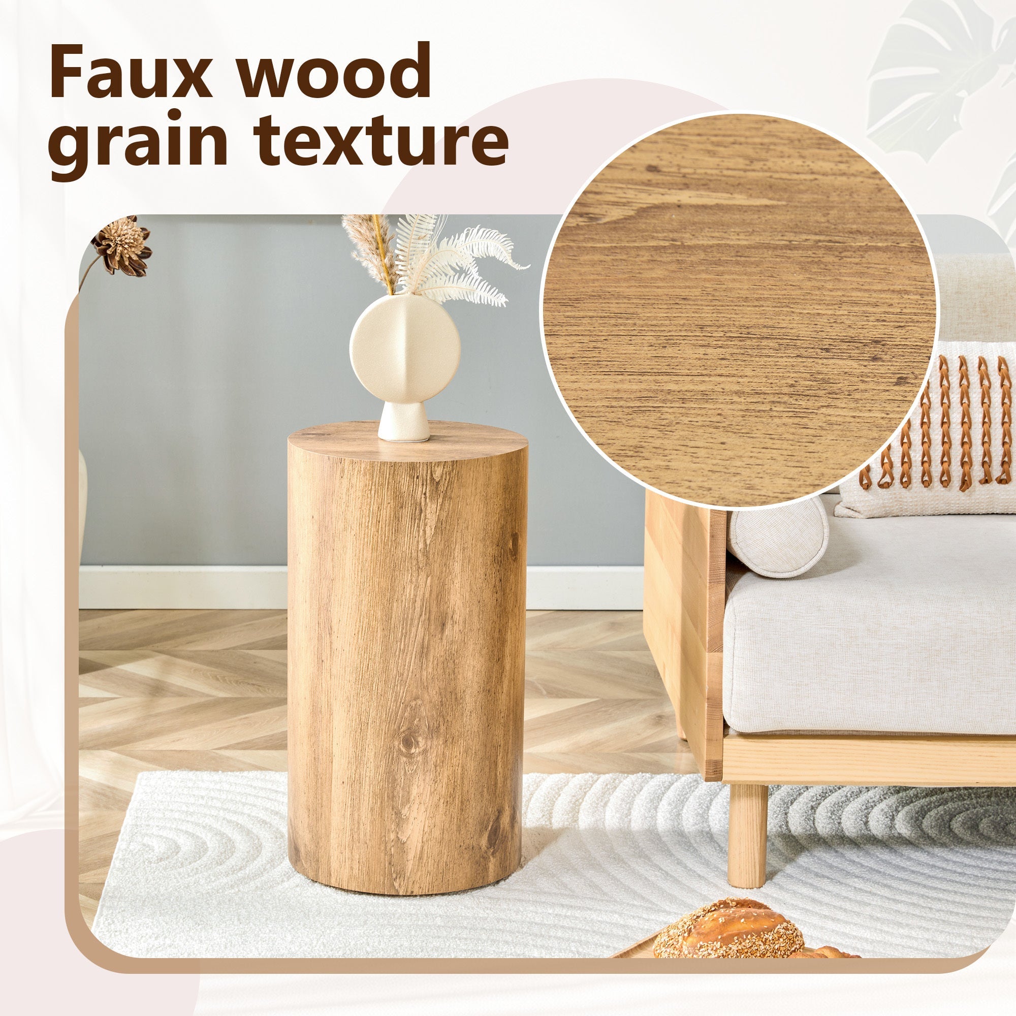 Modern Minimalist Set of Two Wood color Cylinder Coffee Tables