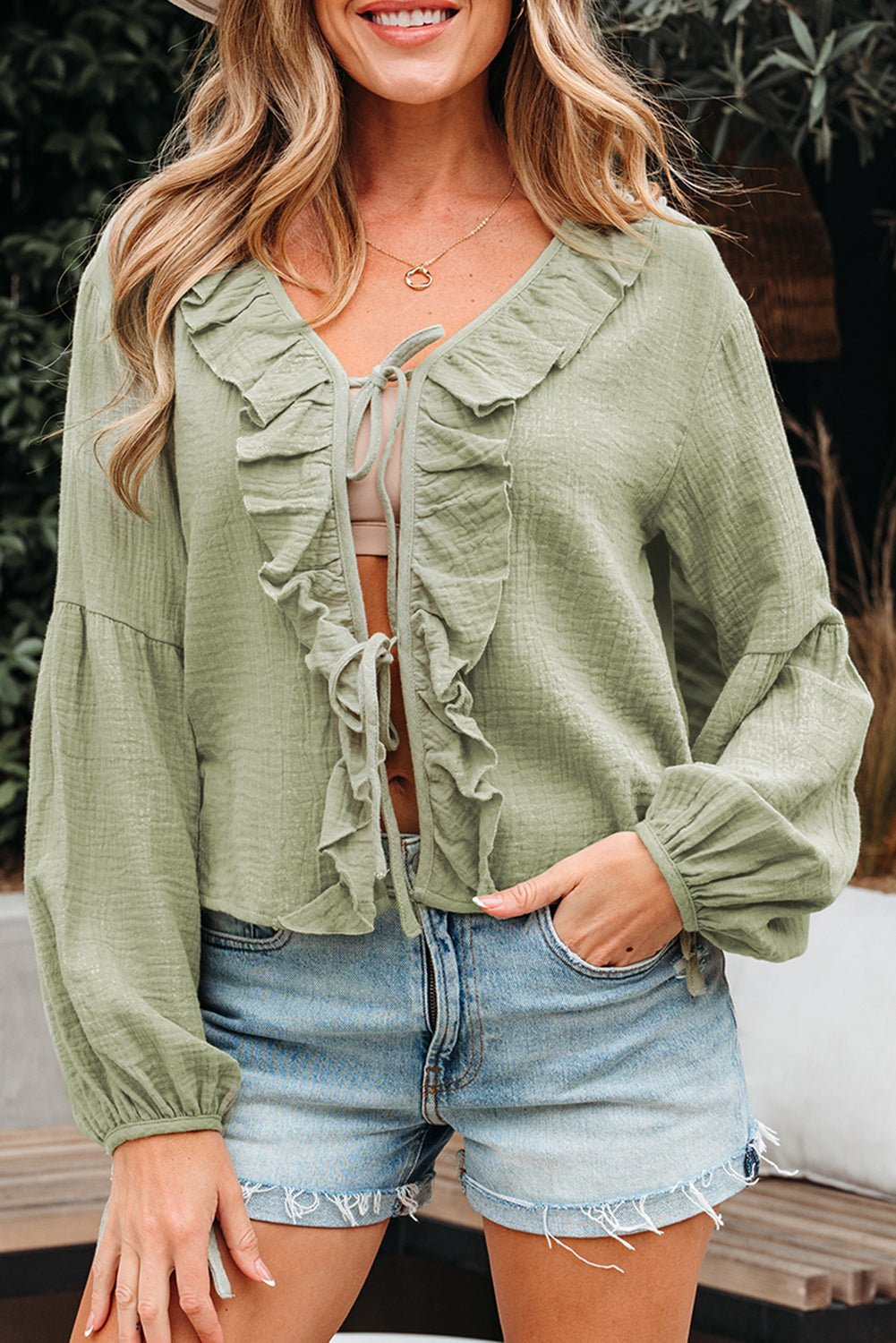 Natalia Bow Tie Front Ruffle Trim Long Sleeve Gauze Blouse