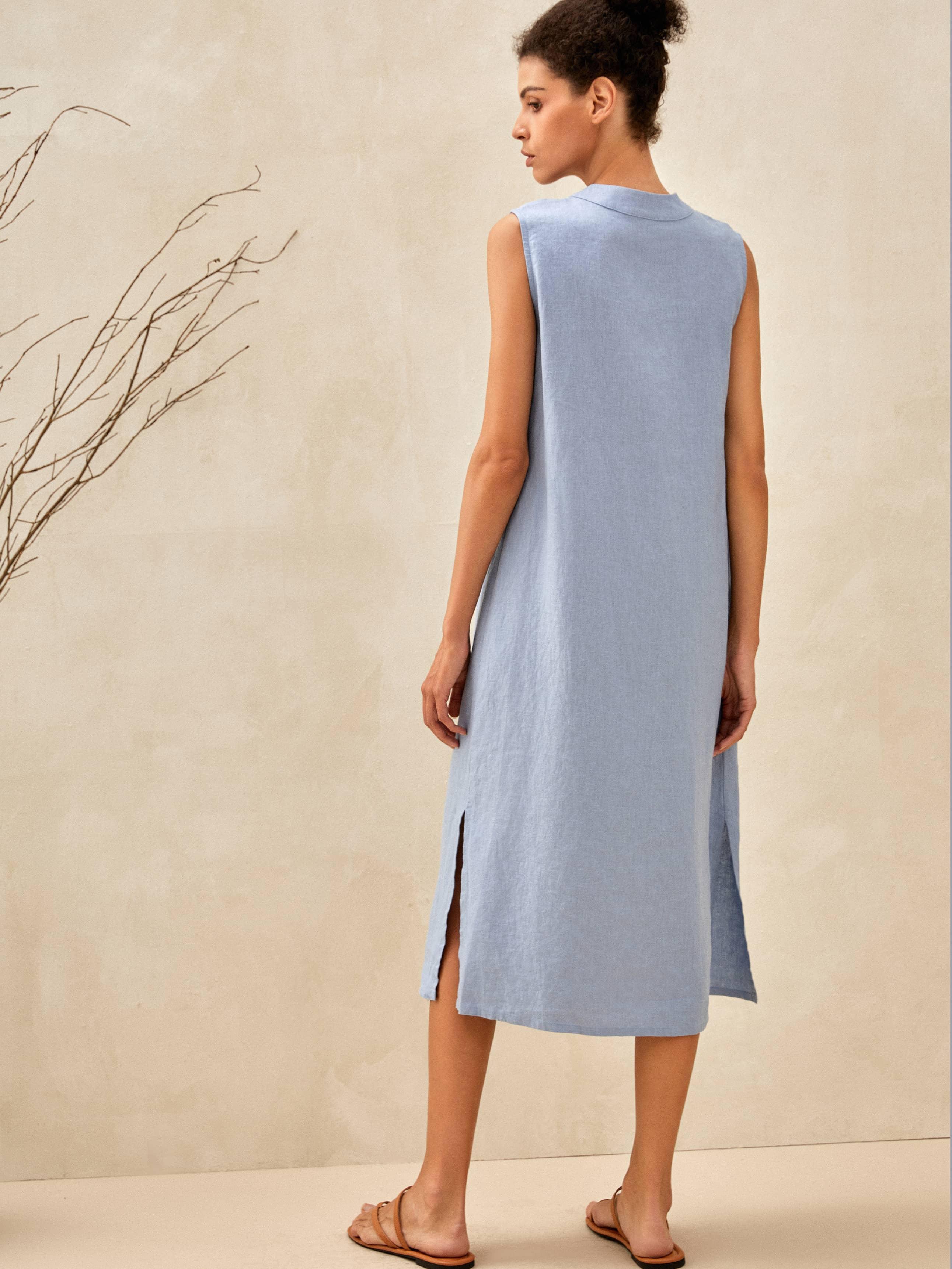 100% Linen Sleeveless Straight High Slit Maxi Dress TAYLOR