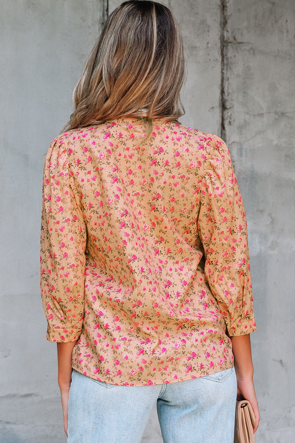 Sadie Floral Bow Pin-tuck Bust Half Puff Sleeve Blouse
