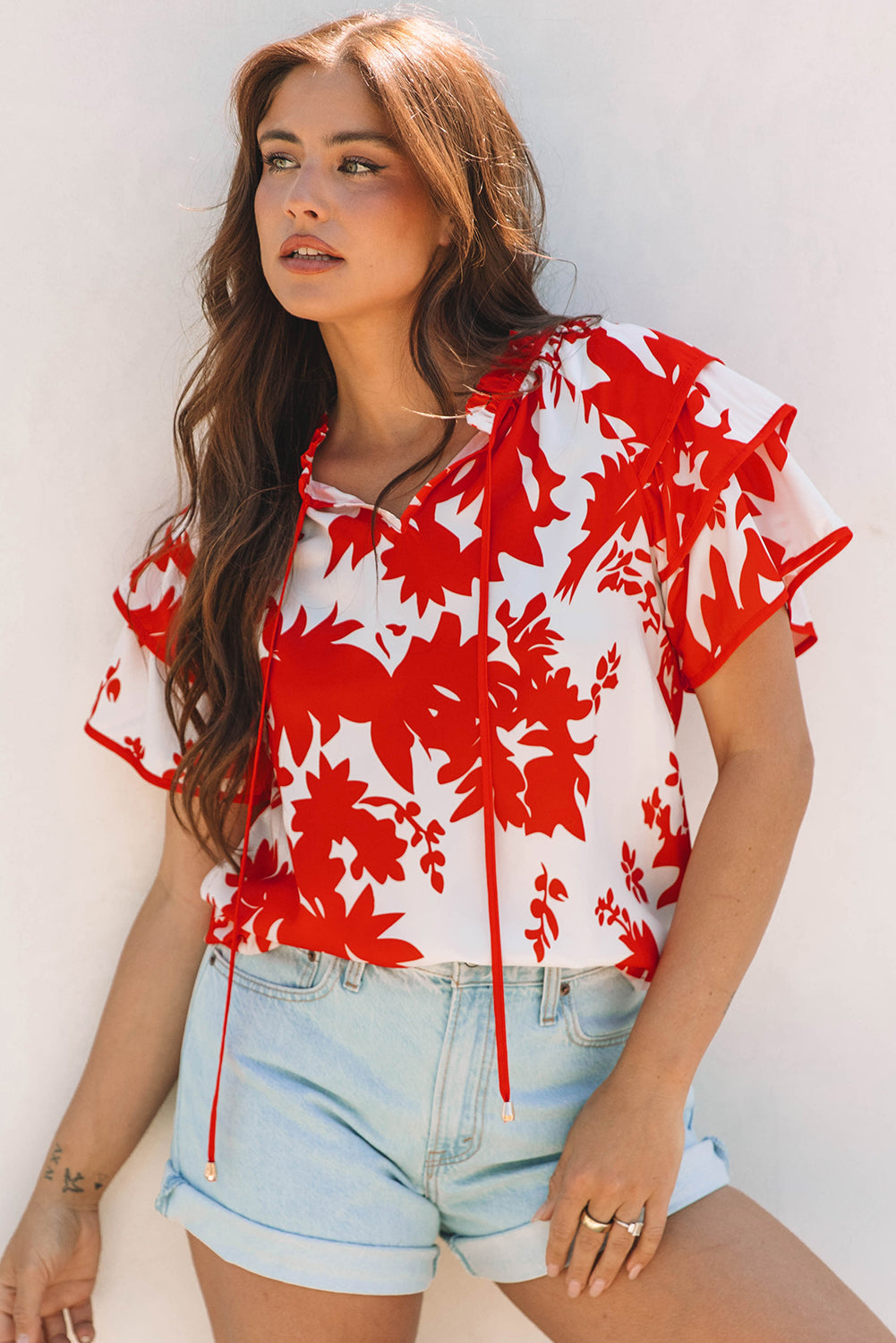 Zoya Tiered Ruffled Sleeve V Neck Blouse