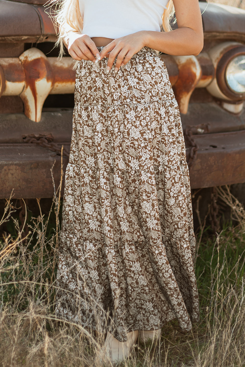 Cadence Western Floral Print Ruffled Hem Maxi Skirt