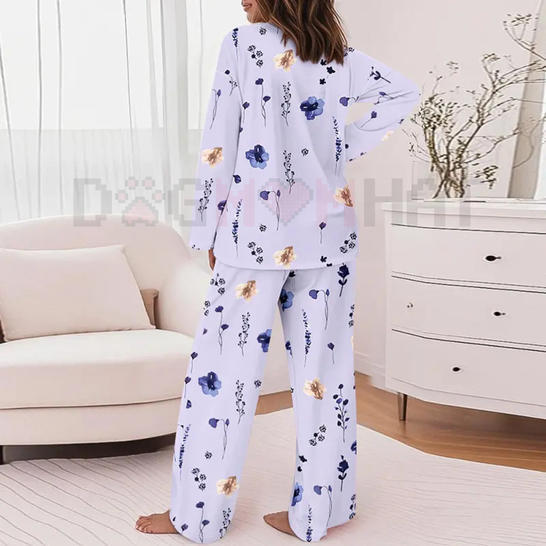 ChicMe Women's Floral Print Round Neck Long Sleeve Top and Casual Floral Pants Sets With Pockets