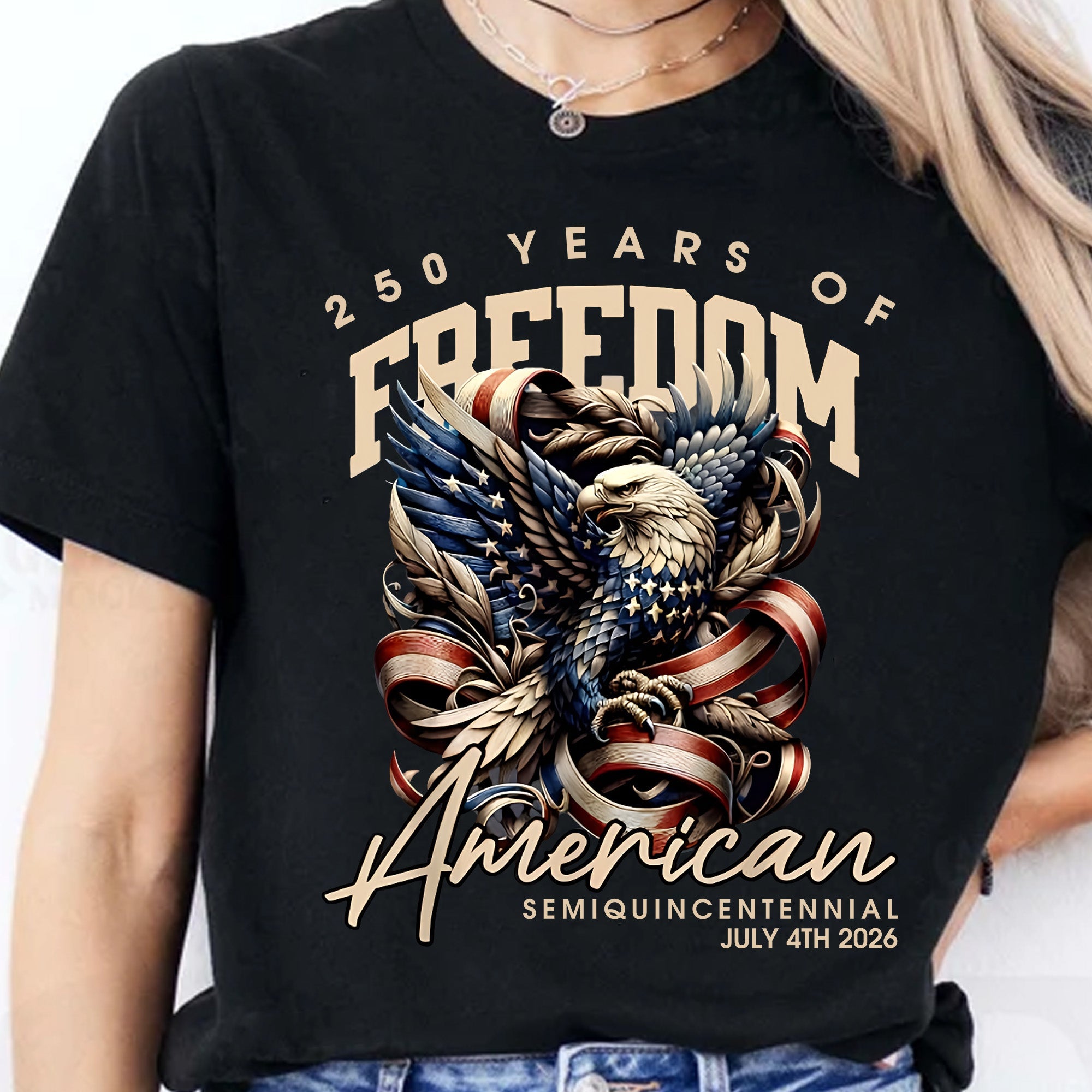 250 Years Of Freedom shirt with bald eagle and stars and stripes celebrating USA 250th anniversary