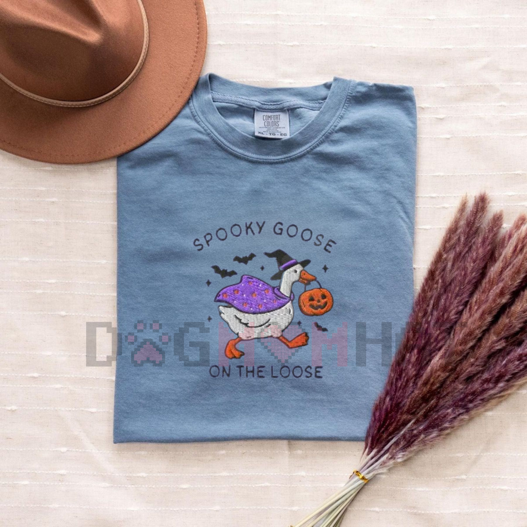 Embroidered Spooky Goose Comfort Colors® T-Shirt – Witchy Silly Goose Lover Tee