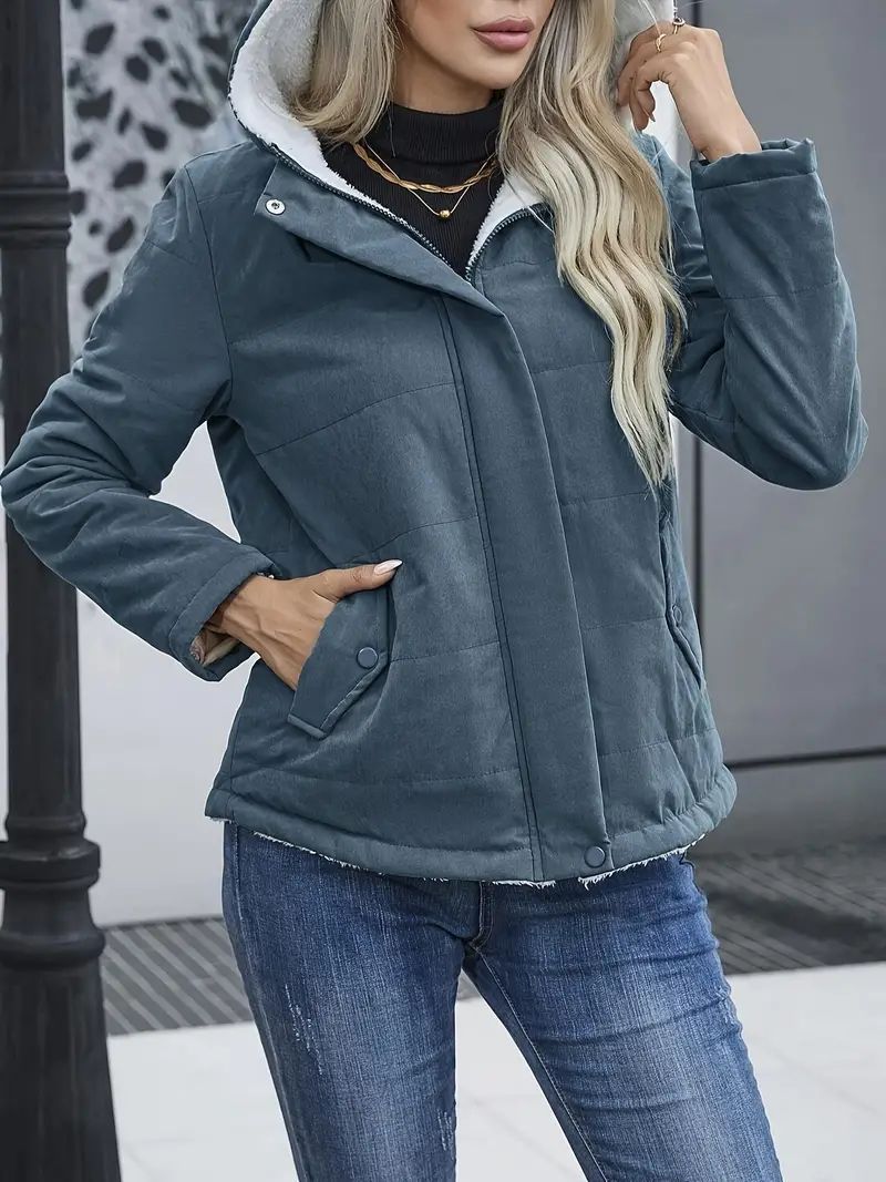 Fleece-lined Hooded Coat Winter Preppy Style Long Sleeve Jacket Warm Pockets Cotton Coat Women's Clothing