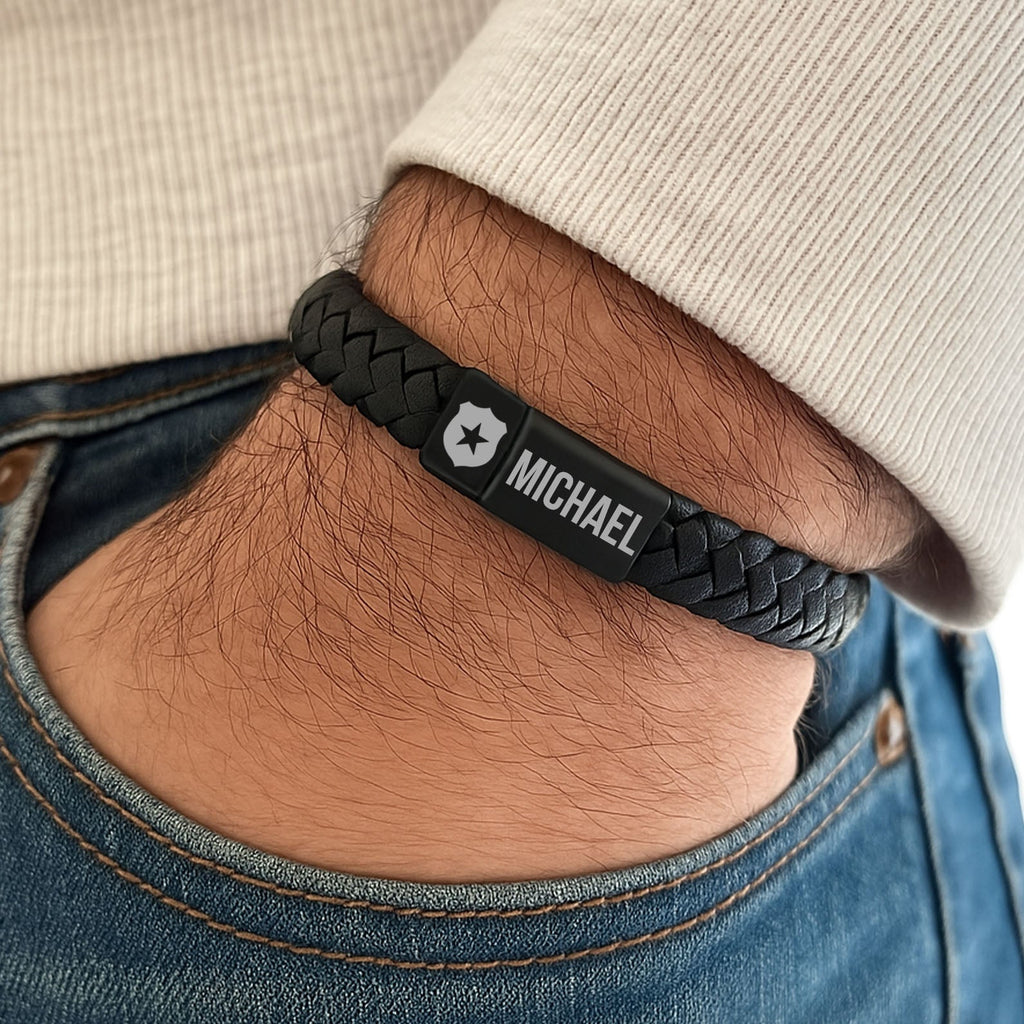 Custom Name Engraved Leather Police Bracelet | Gift for Dad, Mom | Mother's Day Gift, Father's Day Gift | Personalized Unisex Bracelet 682225