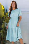 Lara Puff Sleeve Pleated High Waist Midi Dress
