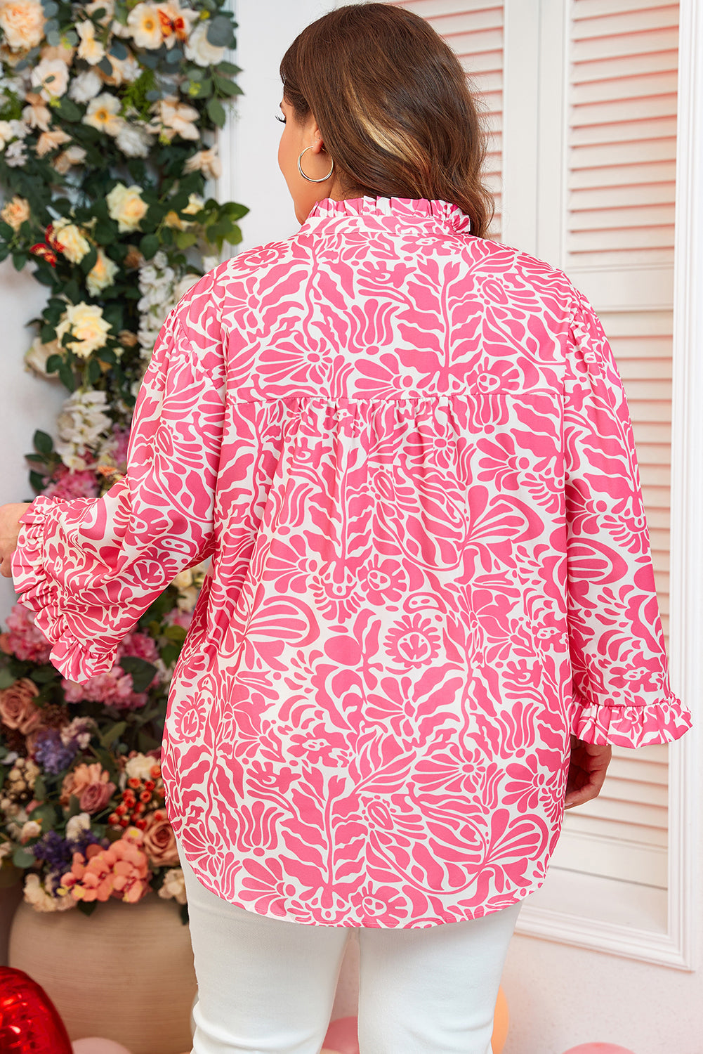 Alanna Plus Size Floral Frilled Neck Top