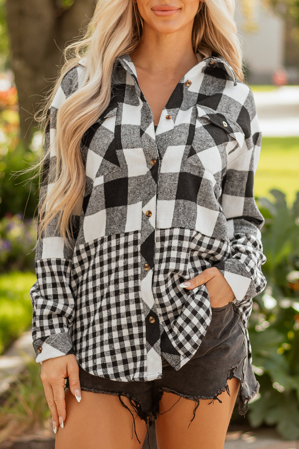 Cecelia Patchwork Drawstring Hooded Shacket