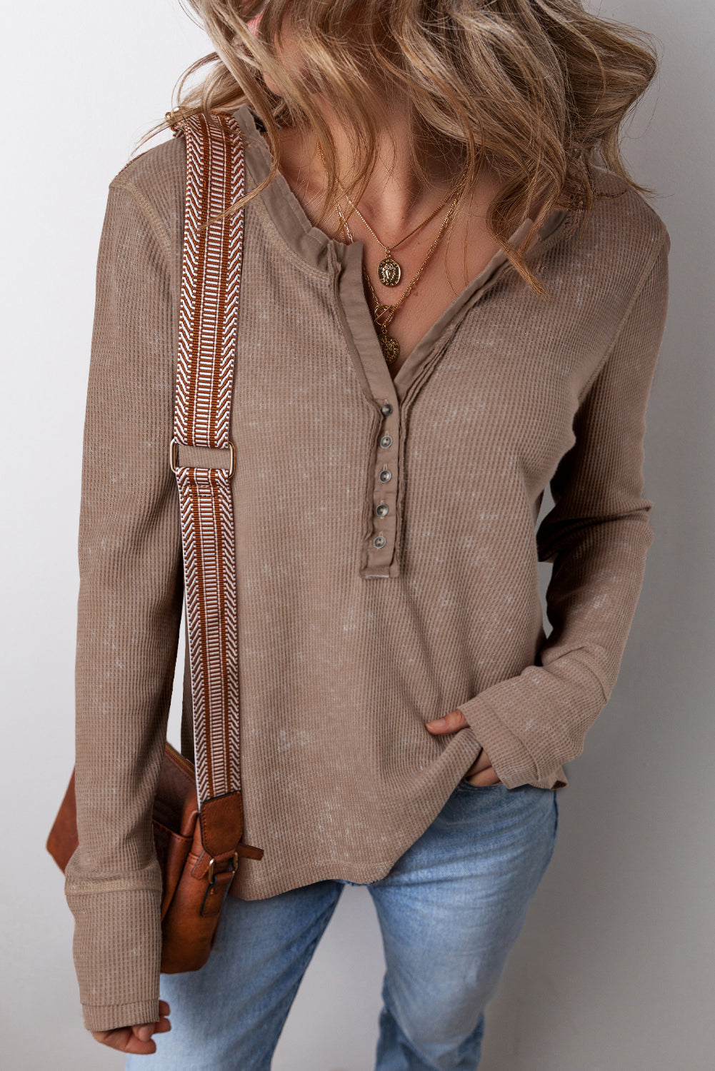 Zahra Waffle Knit Neckline Long Sleeve Top