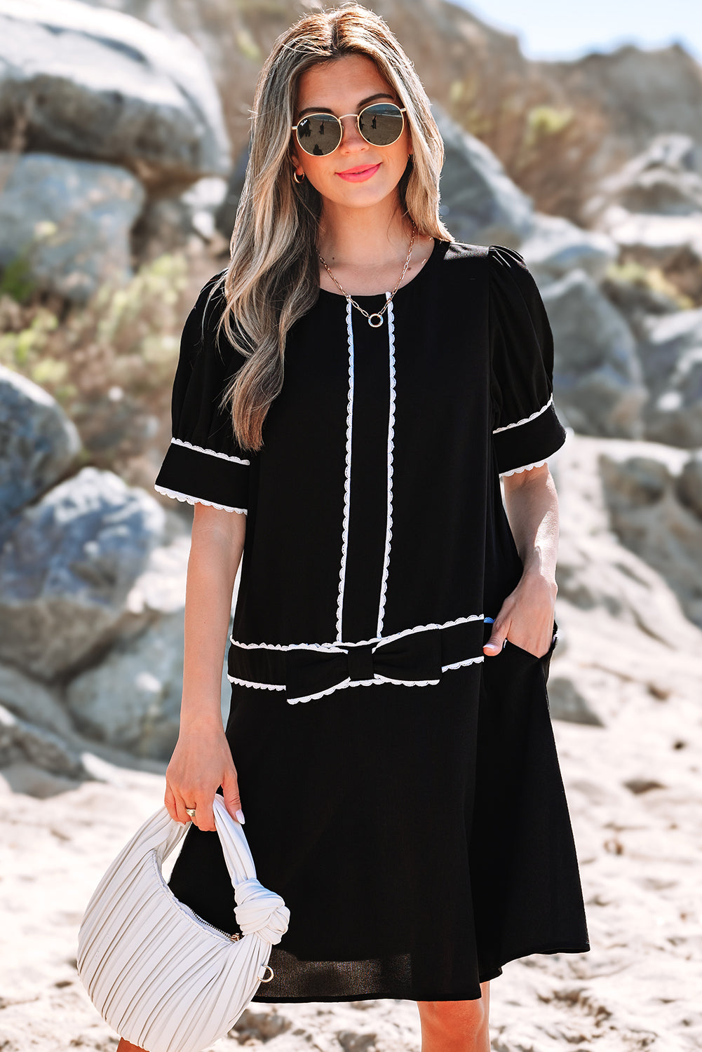 Birdie Scallop Trim Bow Detail Half Sleeve Dress