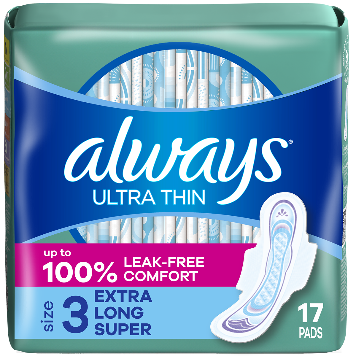 Always Ultra Thin Size 3 Pads Extra Long Super with Wings 6 Packs of 17