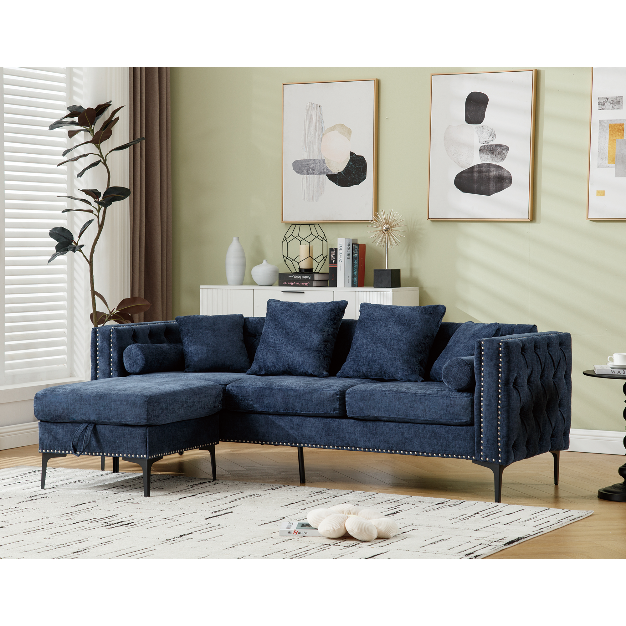 L Shaped Sectional Convertible Sofa with Storage Ottoman and Modern Tufted style