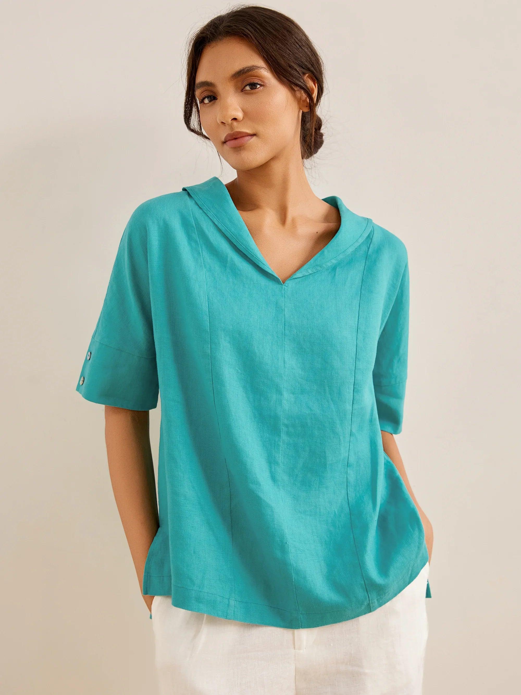 100% Linen V-Neck Short Sleeve Shirt SIERRA