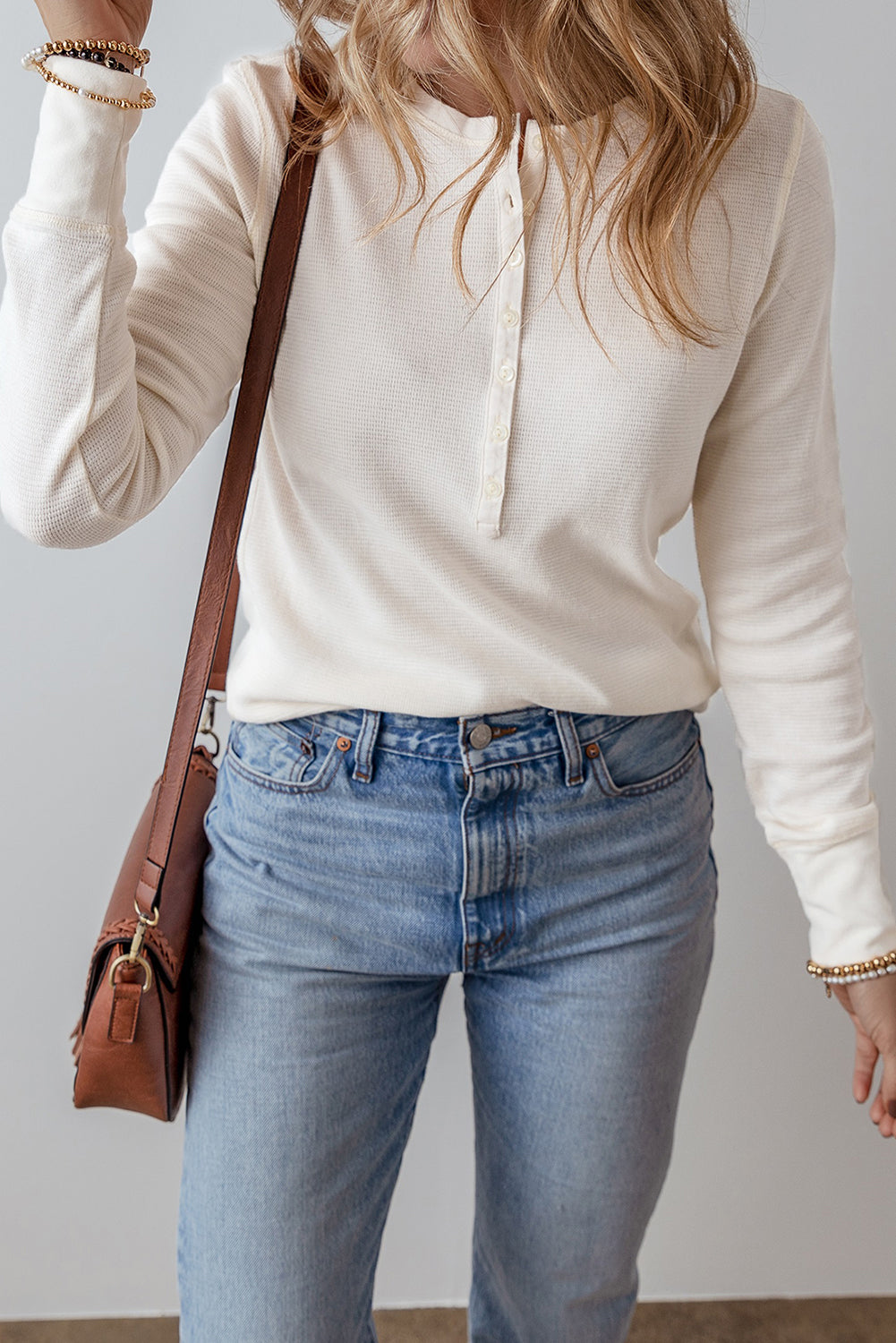 Teresa Color Waffle Half Long Sleeve Top