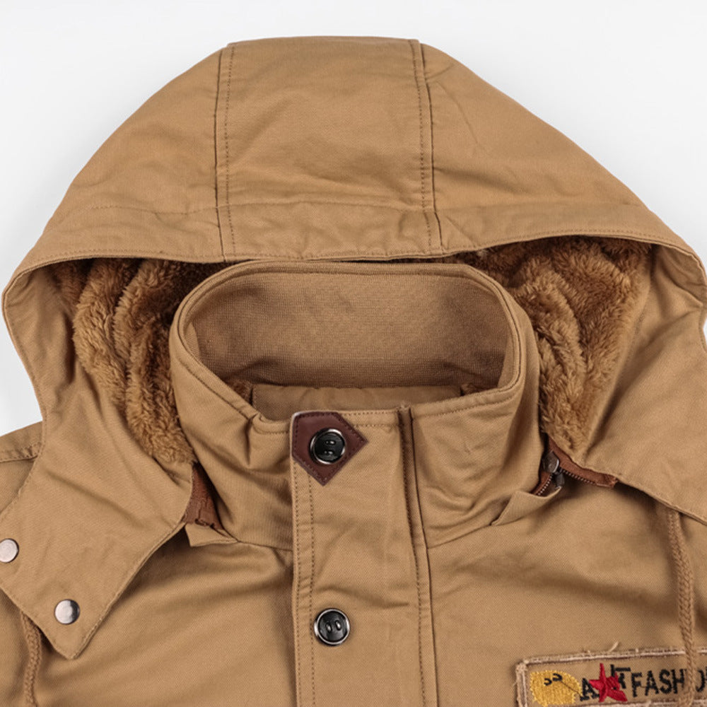 Winter Zip-up Coat Warm Thickened Detachable Hooded Jacket Multi-pocket  Button Drawstring Long Sleeve Tops Men's Cargo Clothing