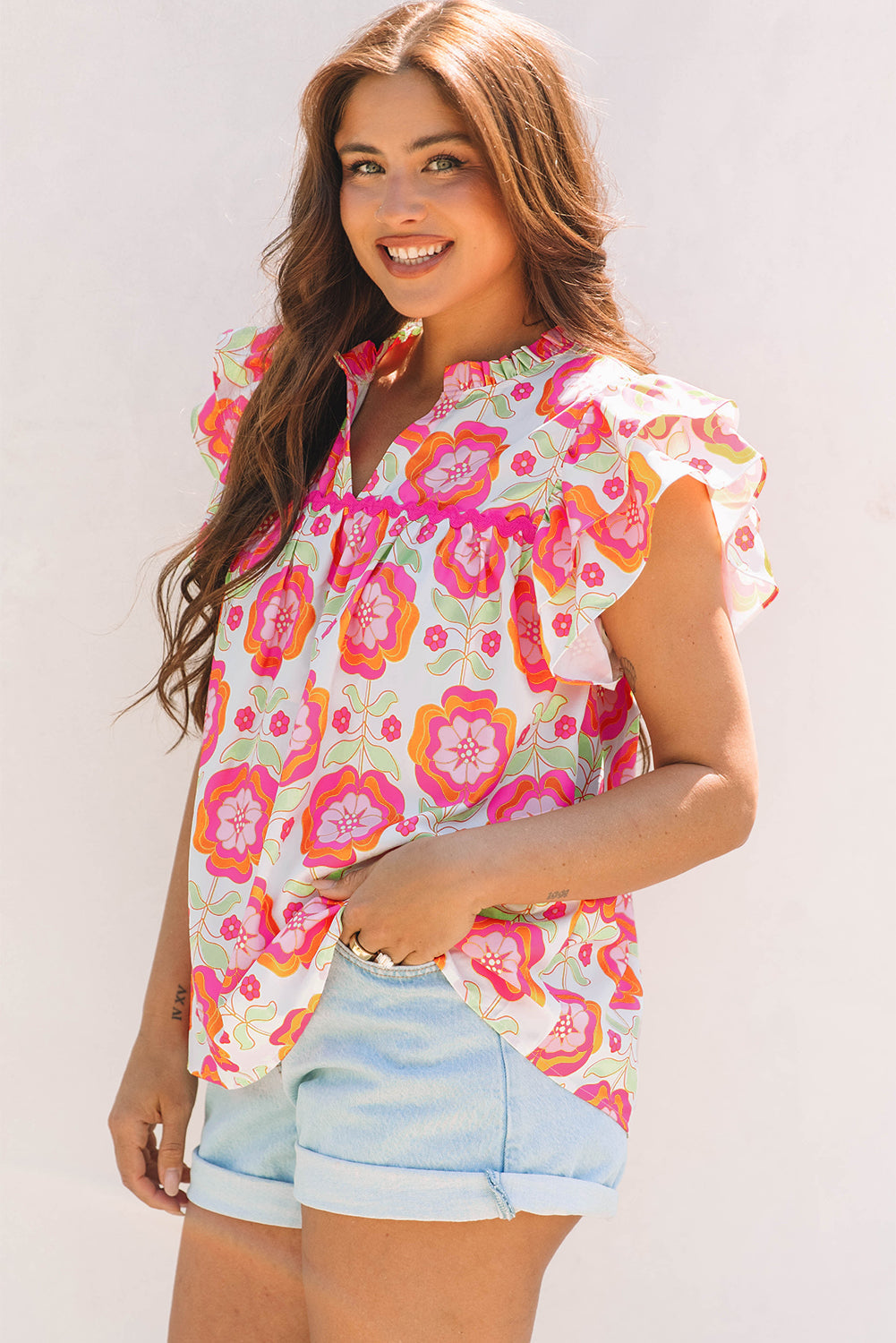 Mikaela Ric-rac Trim Split Neck Loose Blouse