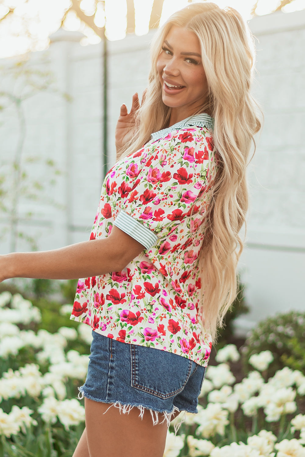 Romy Floral Striped Patchwork Collared Short Sleeve Blouse