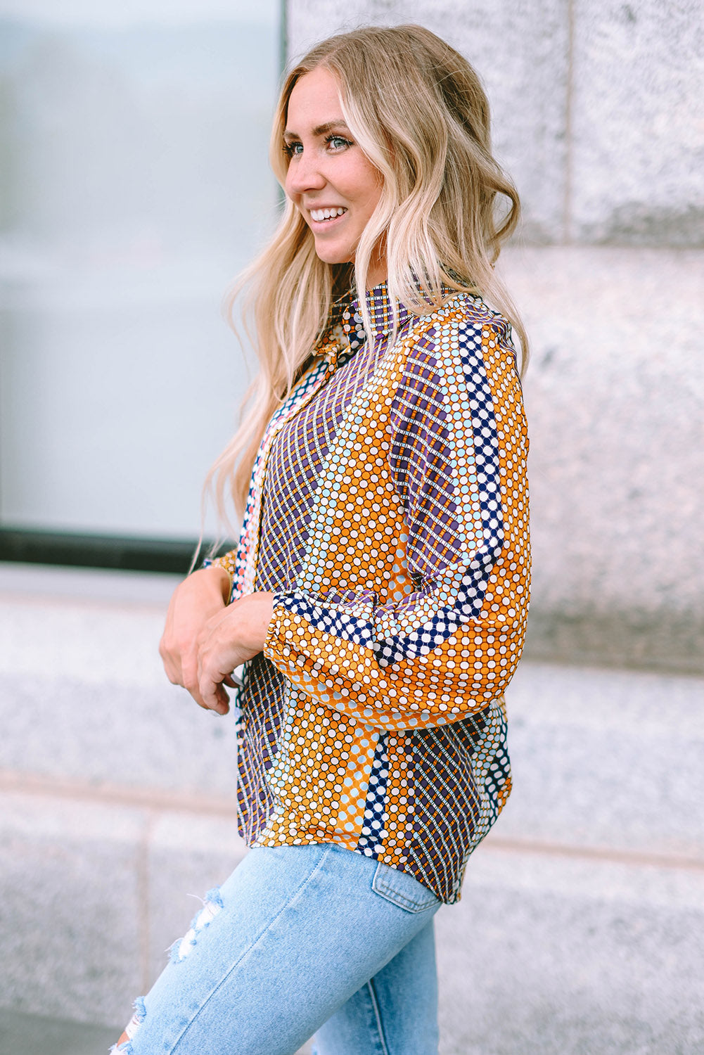 Brown Dot Print Long Sleeve Button Down Shift PLUS Shirt