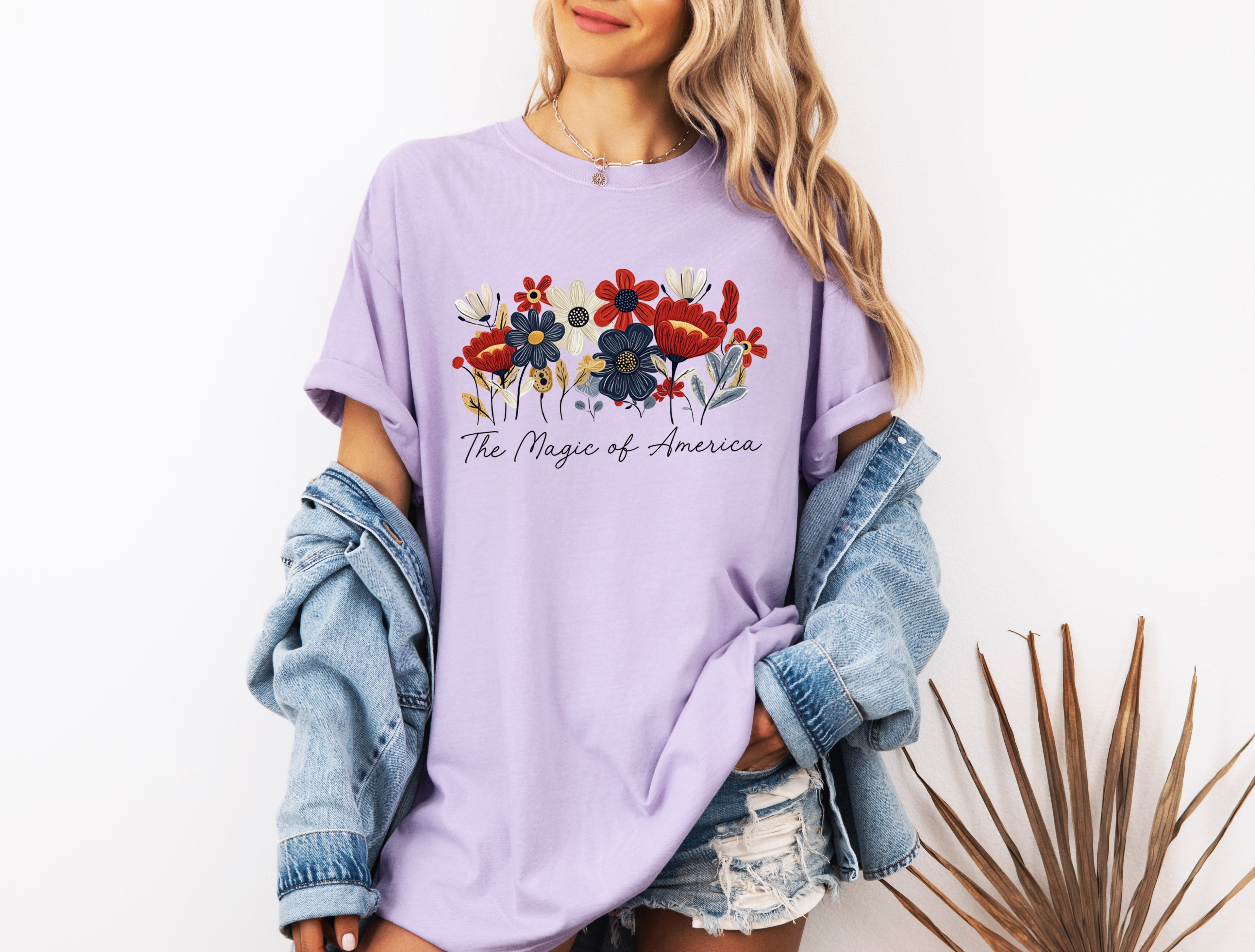 America the Magic of America USA Flag flower Garment Dyed T Shirt
