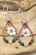 Silvery Western Leather Beaded Floral Dangle Earrings