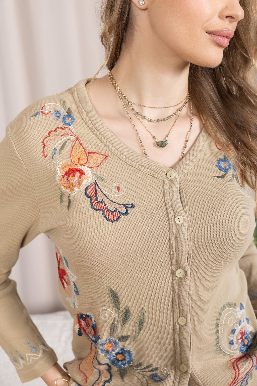 Birdsong Bloom Embroidered Top in Almond color
