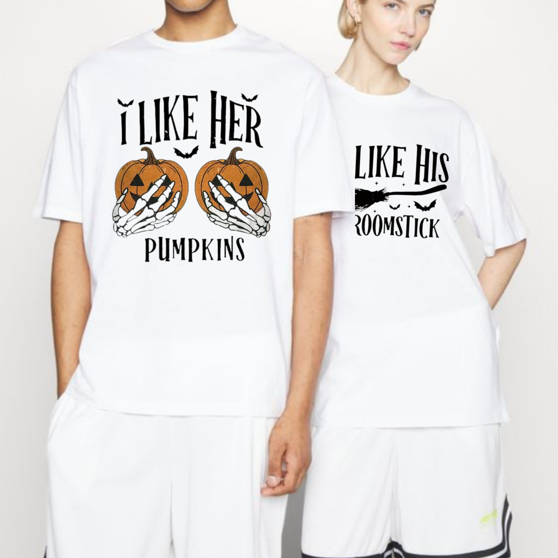 Couple Halloween Shirt – "I Like Her Pumpkins" & "I Like His Broomstick", Matching Funny Halloween T-Shirt