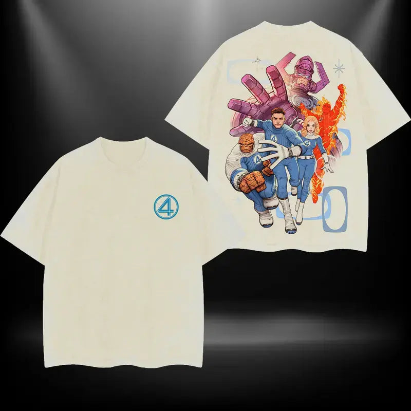 Fantastic 4 Acid Wash Oversized Tee – Double-Sided MCU Comic Graphic T-Shirt for Men & Fans