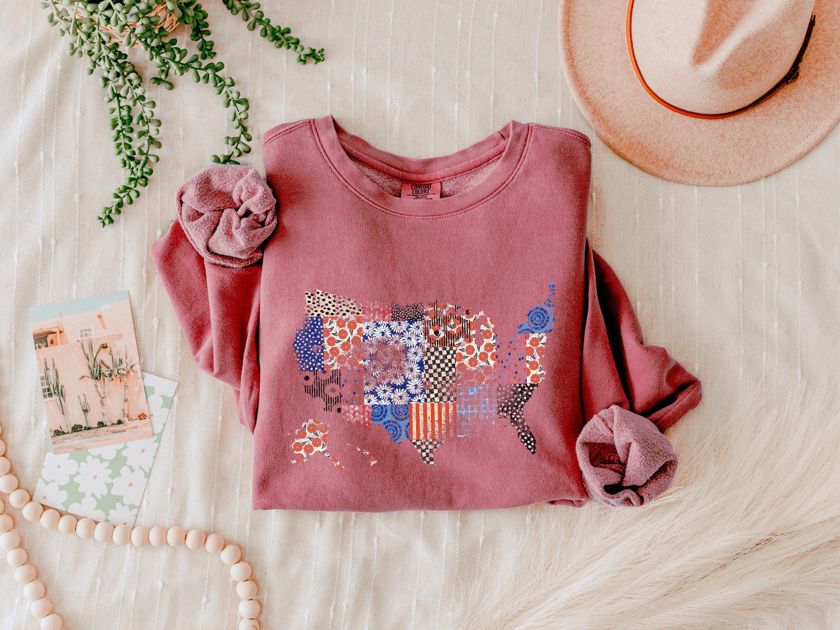 Floral United States Flag Great America Garment Dyed Comfort Colors Sweatshirt