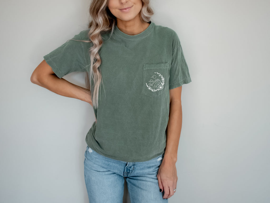 Half Moon Wildflowers Nature Mountain Comfort Colors Pocket T Shirt