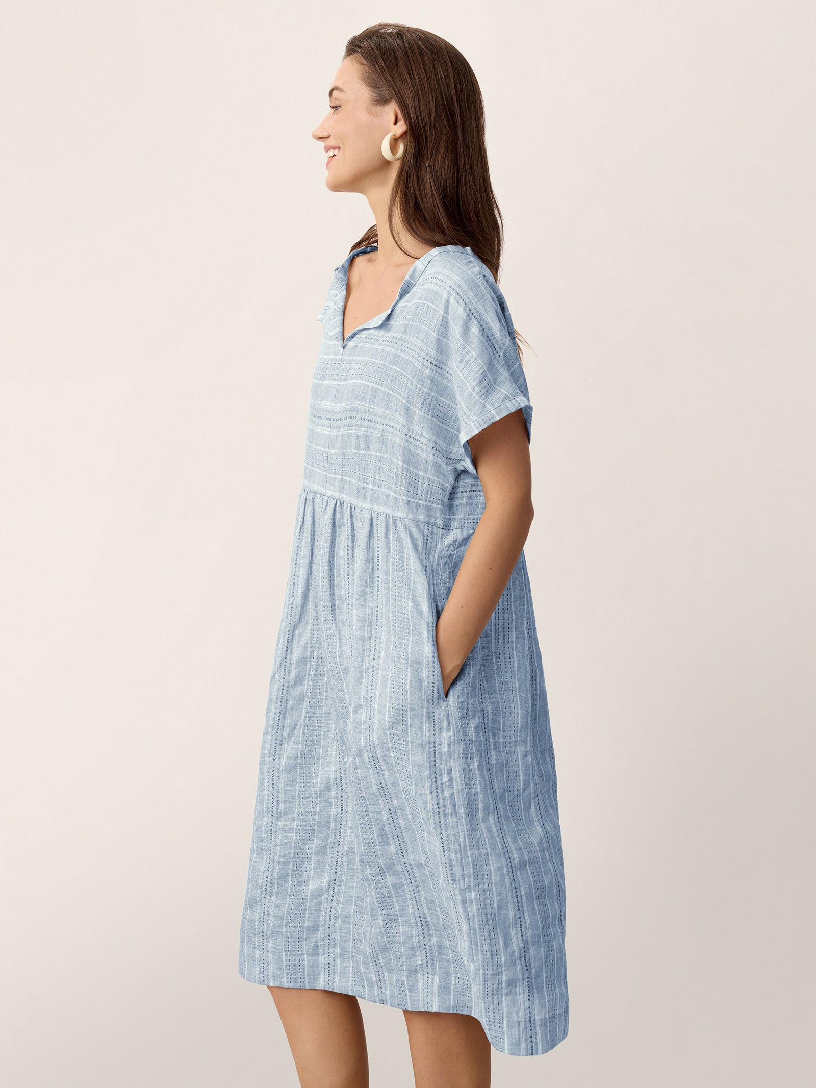 Linen Gathered-Hem Split-Neck Midi Dress SYDNEY