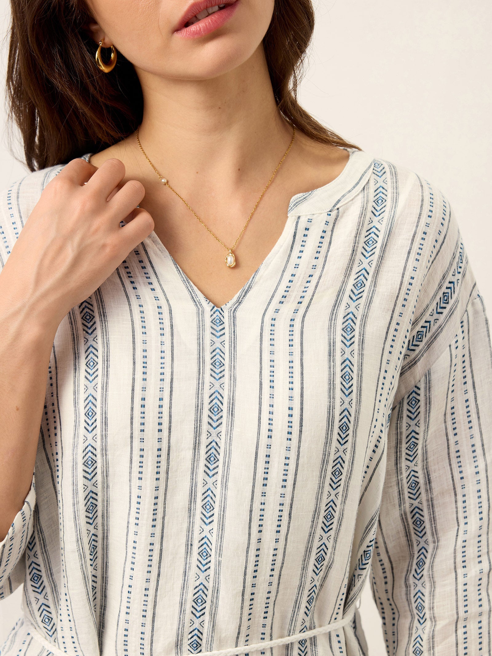 Linen Tribal Stripe Split Neck Bohemian Ruffle Maxi Dress with Woven Belt and Slip MARLOWE