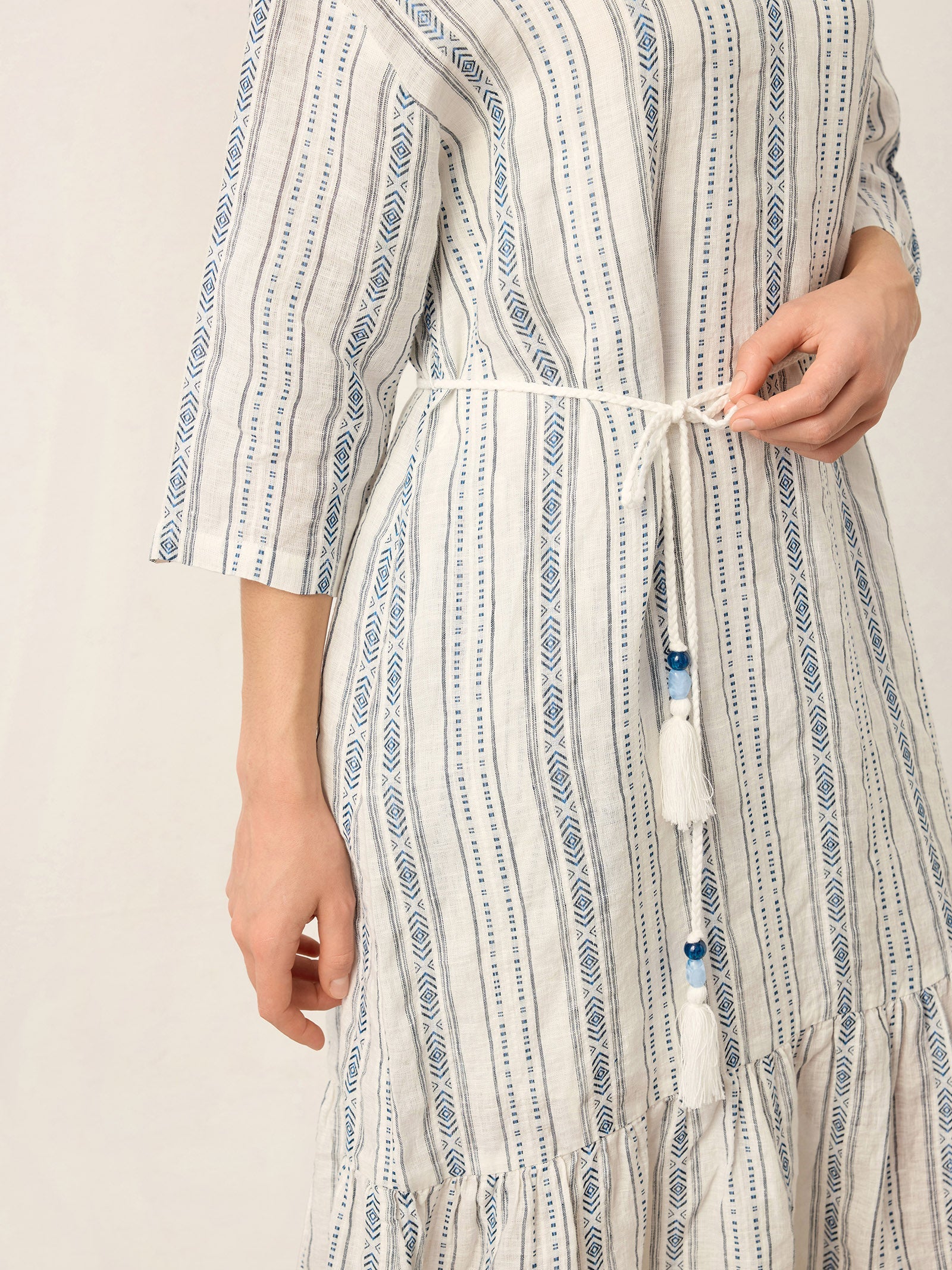 Linen Tribal Stripe Split Neck Bohemian Ruffle Maxi Dress with Woven Belt and Slip MARLOWE