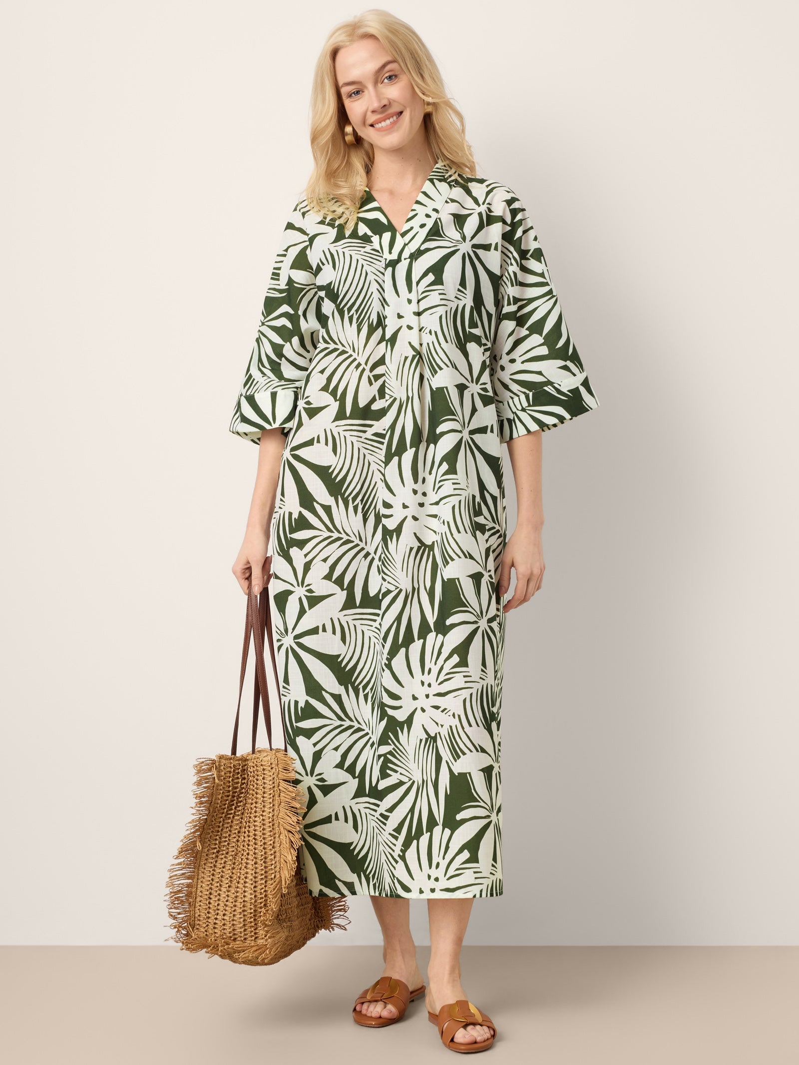 Linen Palm Print Camp Collar Relaxed Maxi Shirt Dress MINERVA