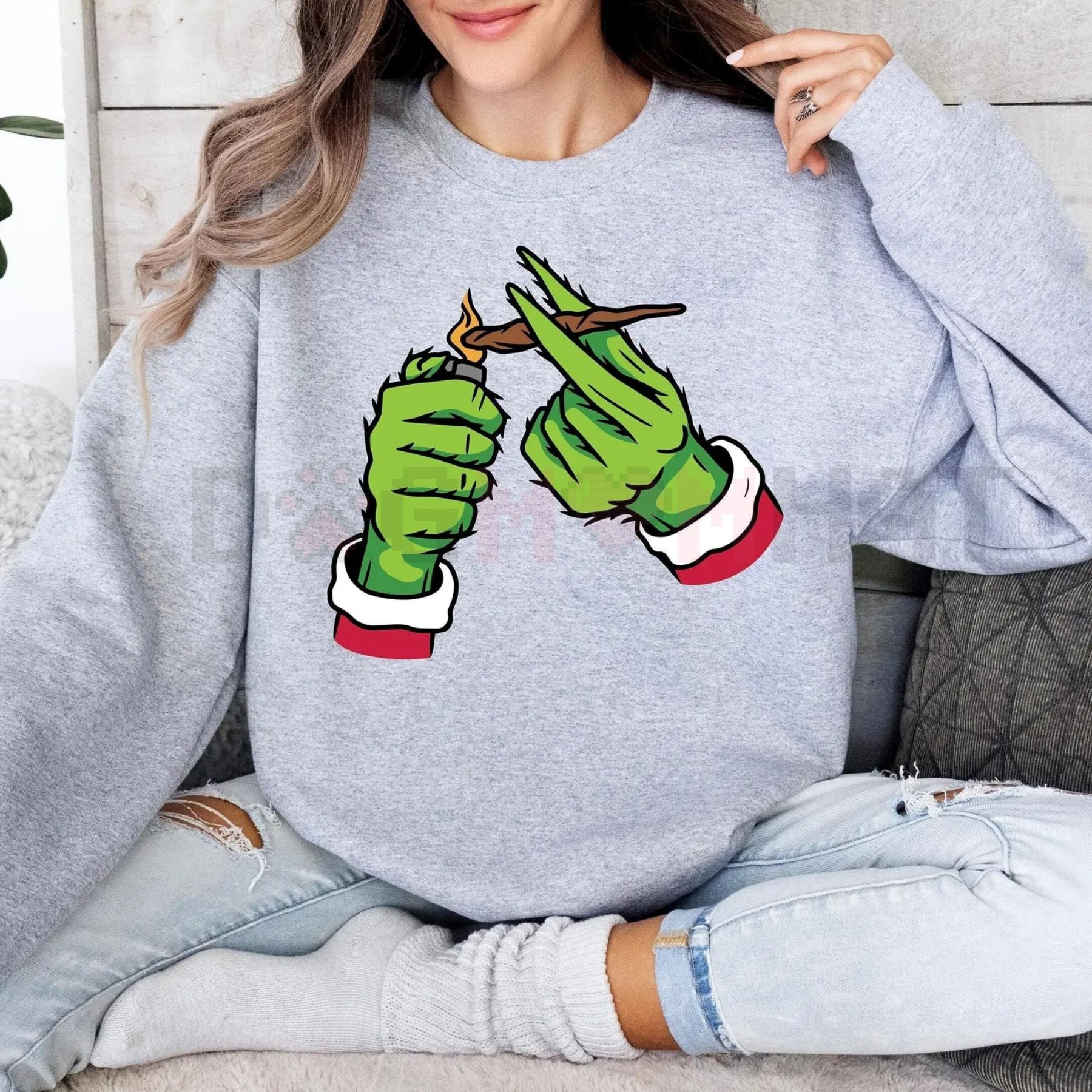 Mary Jane Grinchmas Christmas Cannabis Crewneck – Womenswear Hand Christmas Weed Shirt, Merry Weedmas Cotton Sweater